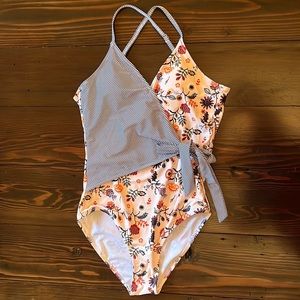 Floral and Striped One Piece Tie Bathing Suit